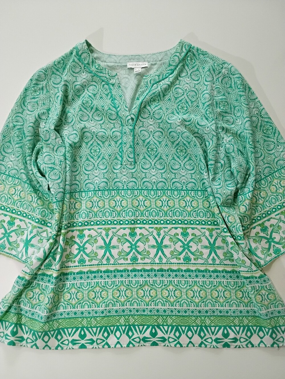 Susan Graver Tunic Blouse Womens XLP Green White Geometric Print